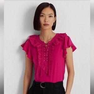 Ralph Lauren Ruffle Trim Lace-Up Jersey T-Shirt Top Pink S